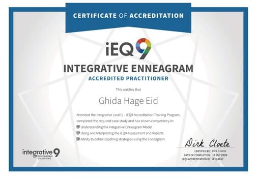 Certificate of Accreditation: Ghida Hage Eid, Integrative Enneagram iEQ9 Accredited Practitioner, Integrative Enneagram Solutions, 15 October 2026